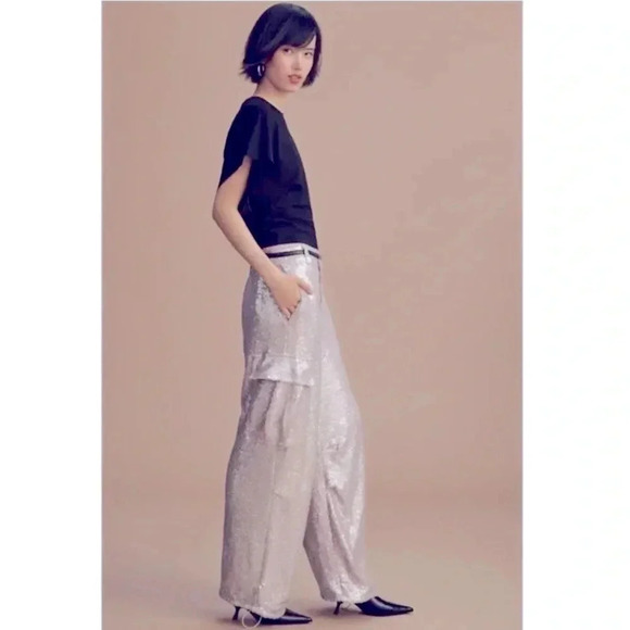NWT Anthropologie Purple Silver Sequin Cargo Pull on Trouser Party Pants Size 2 - Picture 2 of 11